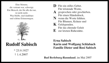 Traueranzeige von Rudolf Sabisch von Tageszeitung