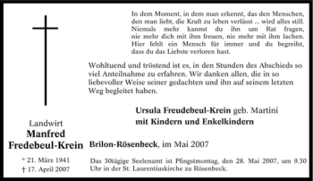 Traueranzeige von Manfred Fredebeul-Krein von Tageszeitung