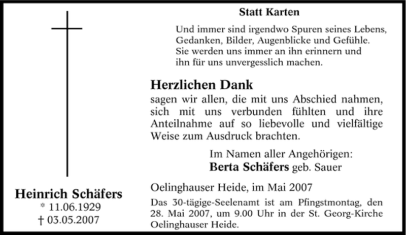  Traueranzeige für Heinrich Schäfers vom 25.05.2007 aus Tageszeitung