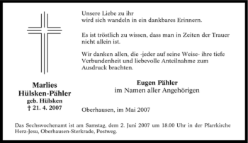 Traueranzeige von Marlies Hülsken-Pähler von Tageszeitung