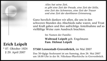 Traueranzeige von Erich Leipelt von Tageszeitung