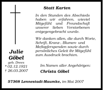 Traueranzeige von Julie Göbel von Tageszeitung