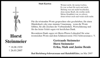 Traueranzeige von Horst Steinmeier von Tageszeitung