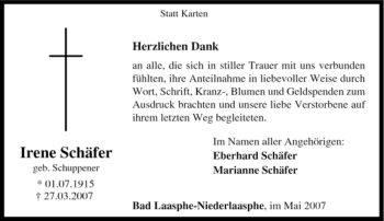 Traueranzeige von Irene Schäfer von Tageszeitung