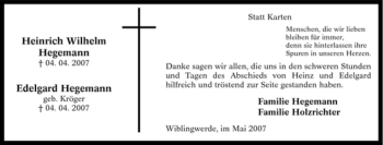 Traueranzeige von Heinrich Wilhelm Hegemann von Tageszeitung