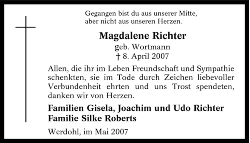  Traueranzeige für Magdalene Richter vom 26.05.2007 aus Tageszeitung