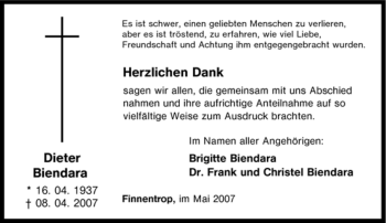 Traueranzeige von Dieter Biendara von Tageszeitung