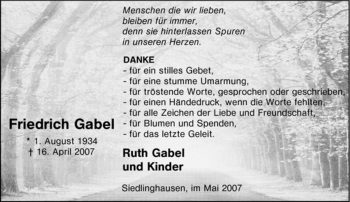 Traueranzeige von Friedrich Gabel von Tageszeitung