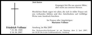 Traueranzeige von Friedrich Vollmer von Tageszeitung