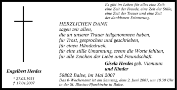 Traueranzeige von Engelbert Herdes von Tageszeitung