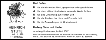 Traueranzeige von Heinrich Stute von Tageszeitung