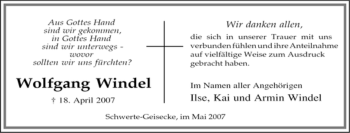 Traueranzeige von Wolfgang Windel von Tageszeitung
