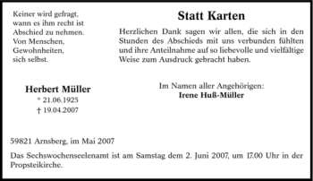 Traueranzeige von Herbert Müller von Tageszeitung