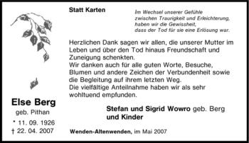 Traueranzeige von Else Berg von Tageszeitung
