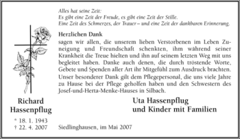 Traueranzeige von Richard Hassenpflug von Tageszeitung