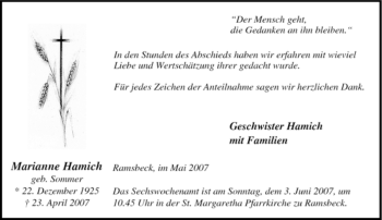 Traueranzeige von Marianne Hamich von Tageszeitung