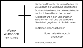 Traueranzeige von Werner Wurmbach von Tageszeitung
