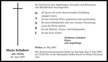 Traueranzeige von Maria Schubert von Tageszeitung