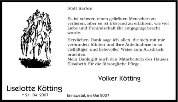 Traueranzeige von Liselotte Kötting von Tageszeitung