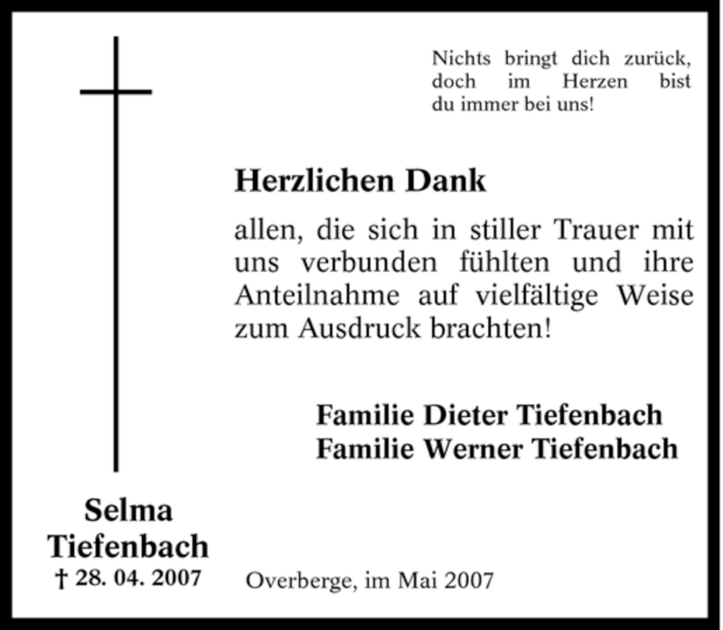  Traueranzeige für Selma Tiefenbach vom 26.05.2007 aus Tageszeitung