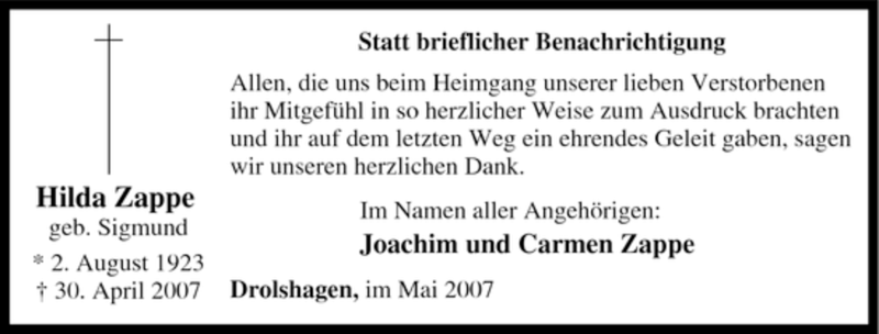  Traueranzeige für Hilda Zappe vom 26.05.2007 aus Tageszeitung