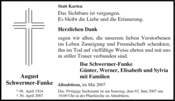 Traueranzeige von August Schwermer-Funke von Tageszeitung