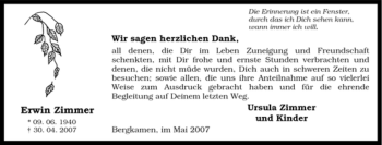 Traueranzeige von Erwin Zimmer von Tageszeitung