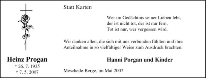  Traueranzeige für Heinz Progan vom 26.05.2007 aus Tageszeitung
