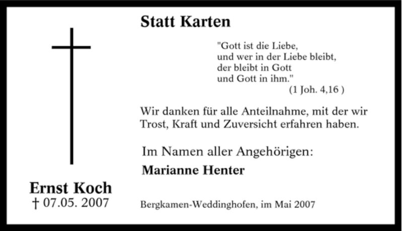  Traueranzeige für Ernst Koch vom 26.05.2007 aus Tageszeitung