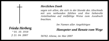 Traueranzeige von Frieda Herberg von Tageszeitung