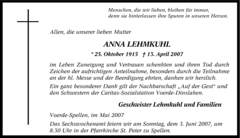  Traueranzeige für Anna Lehmkuhl vom 26.05.2007 aus Tageszeitung