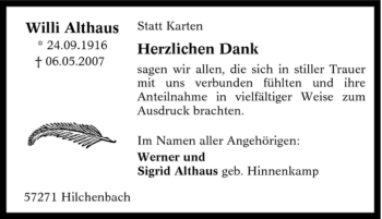 Traueranzeige von Willi Althaus von Tageszeitung