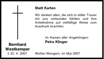 Traueranzeige von Bernhard Westkemper von Tageszeitung