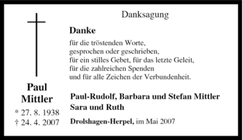 Traueranzeige von Paul Mittler von Tageszeitung