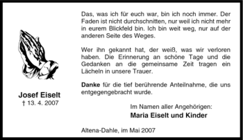 Traueranzeige von Josef Eiselt von Tageszeitung