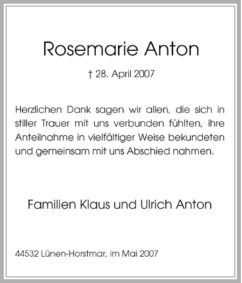 Traueranzeige von Rosemarie Anton von Tageszeitung