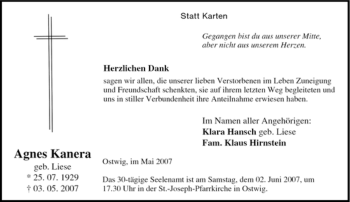 Traueranzeige von Agnes Kanera von Tageszeitung