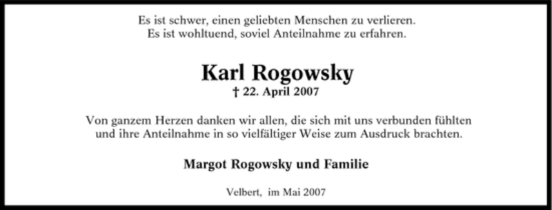  Traueranzeige für Karl Rogowsky vom 26.05.2007 aus Tageszeitung