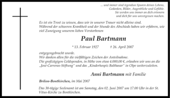 Traueranzeige von Paul Bartmann von Tageszeitung