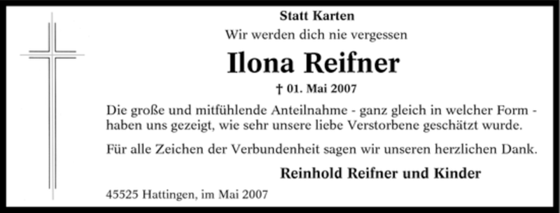  Traueranzeige für Ilona Reifner vom 26.05.2007 aus Tageszeitung