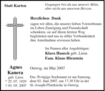 Traueranzeige von Agnes Kanera von Tageszeitung