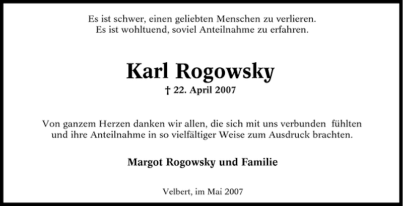  Traueranzeige für Karl Rogowsky vom 26.05.2007 aus Tageszeitung