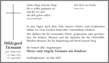 Traueranzeige von Hildegard Tiemann von Tageszeitung
