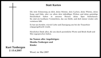 Traueranzeige von Kurt Tenbergen von Tageszeitung