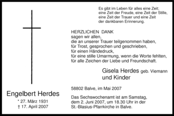Traueranzeige von Engelbert Herdes von Tageszeitung