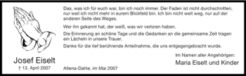 Traueranzeige von Josef Eiselt von Tageszeitung