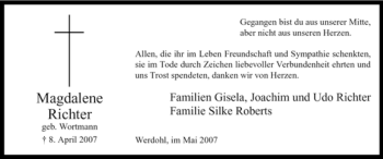 Traueranzeige von Magdalene Richter von Tageszeitung