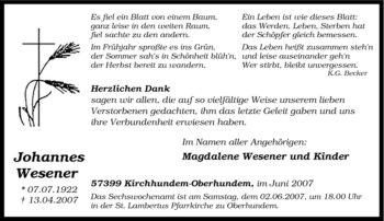 Traueranzeige von Johannes Wesener von Tageszeitung