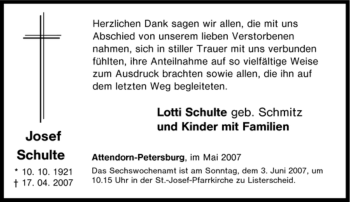 Traueranzeige von Josef Schulte von Tageszeitung