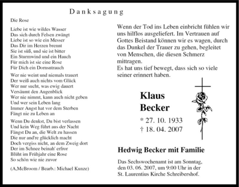  Traueranzeige für Klaus Becker vom 29.05.2007 aus Tageszeitung